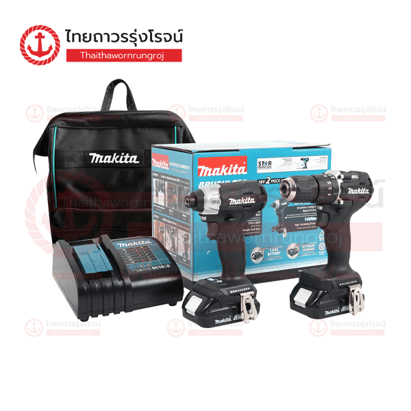MAKITA COMBO ชุดสว่านไร้สาย 18v DHP487/DTD157 C2xB2x1.5ah DC18SDสีดำ DLX2414X7B (ครบชุด)* แถมกระเป๋าเป้ 1ใบ